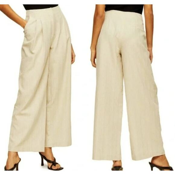 TopShop Herringbone Lightweight Wide Leg High Waist Trousers Sz 10 Oatmeal NWT - Picture 2 of 8